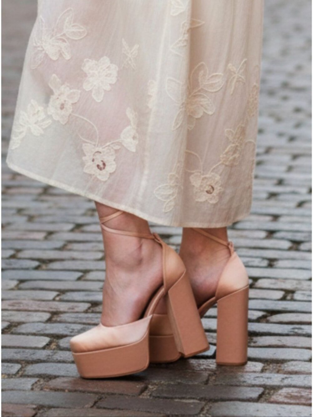 Satin Block Heel Platform Pumps With Wrap-Around Ankle Strap Champagne Color - Picture 7 of 8